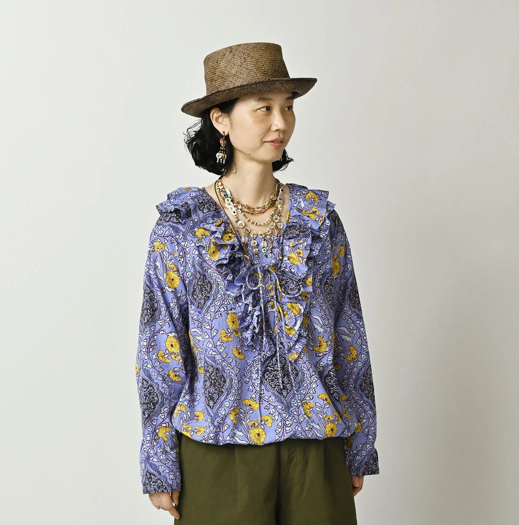 Indian Khadi Saffron Block Print Frill de T-shirt