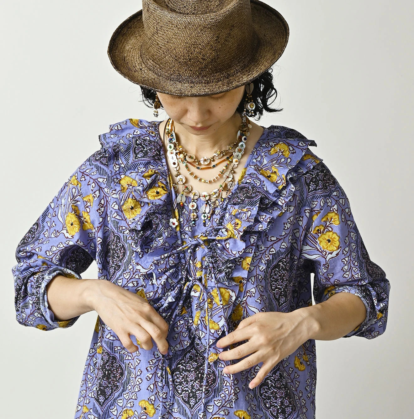 Indian Khadi Saffron Block Print Frill de T-shirt