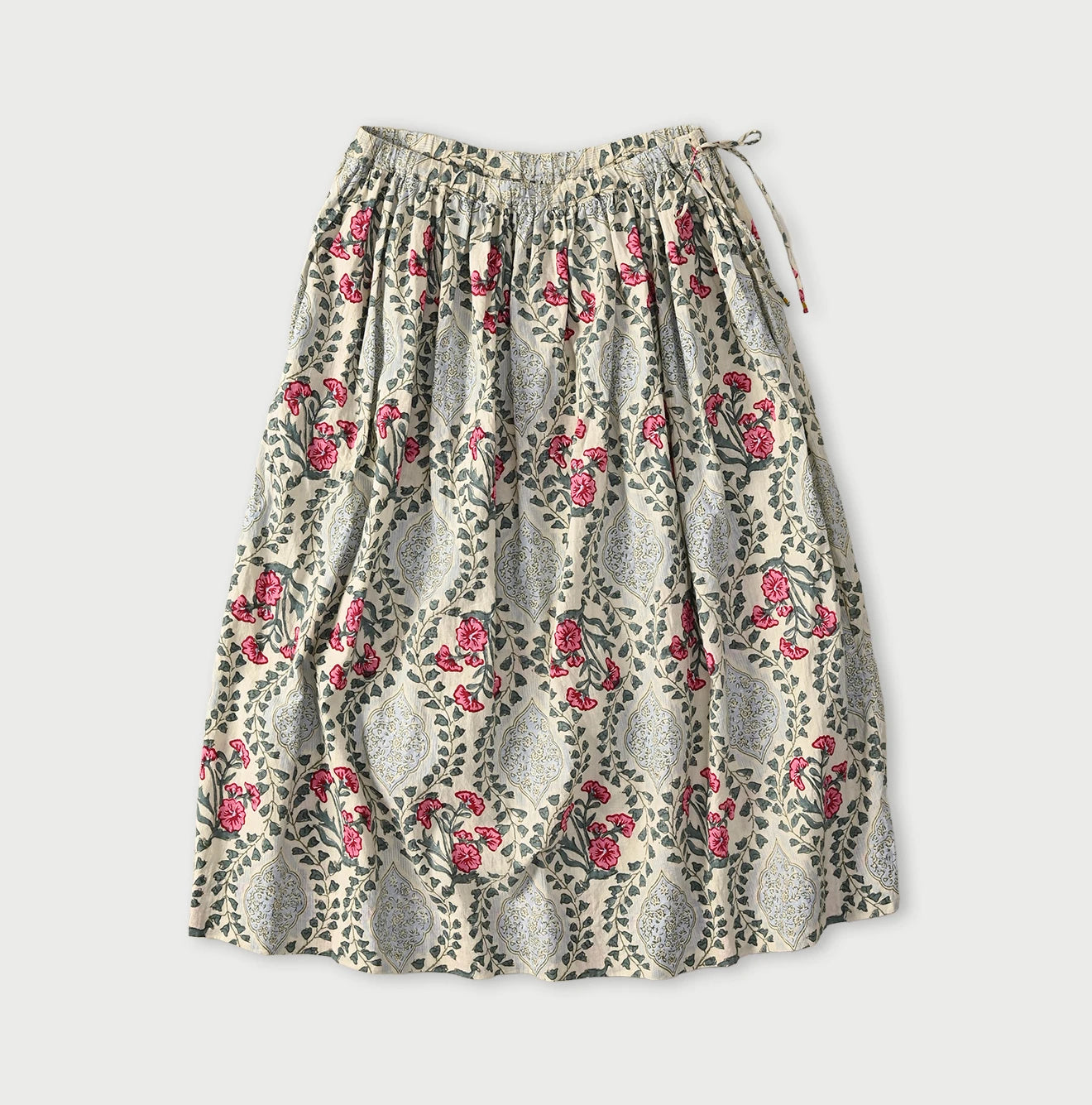 Indian Khadi Saffron Block Print Easy Gathered Skirt