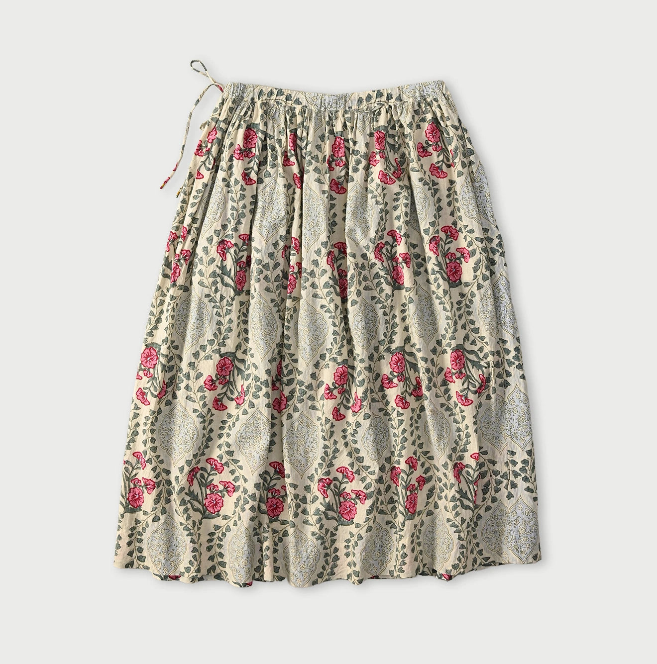 Indian Khadi Saffron Block Print Easy Gathered Skirt