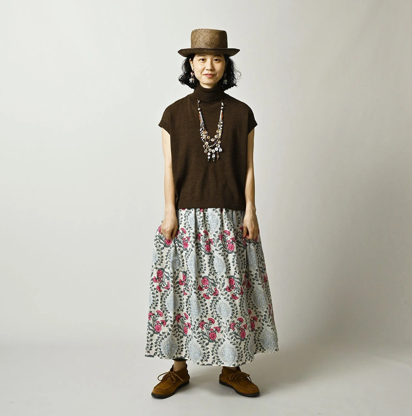 Indian Khadi Saffron Block Print Easy Gathered Skirt