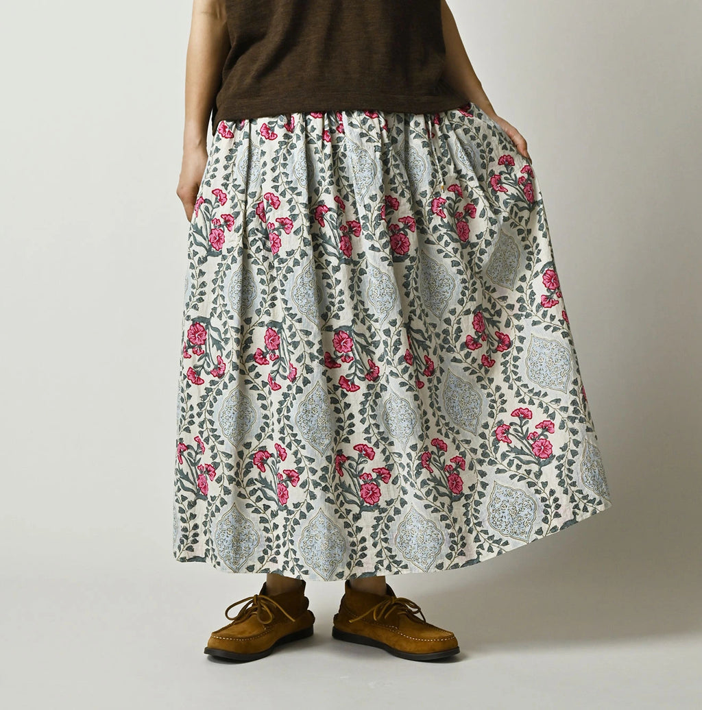 Indian Khadi Saffron Block Print Easy Gathered Skirt