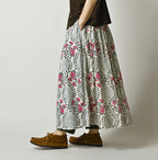 Indian Khadi Saffron Block Print Easy Gathered Skirt