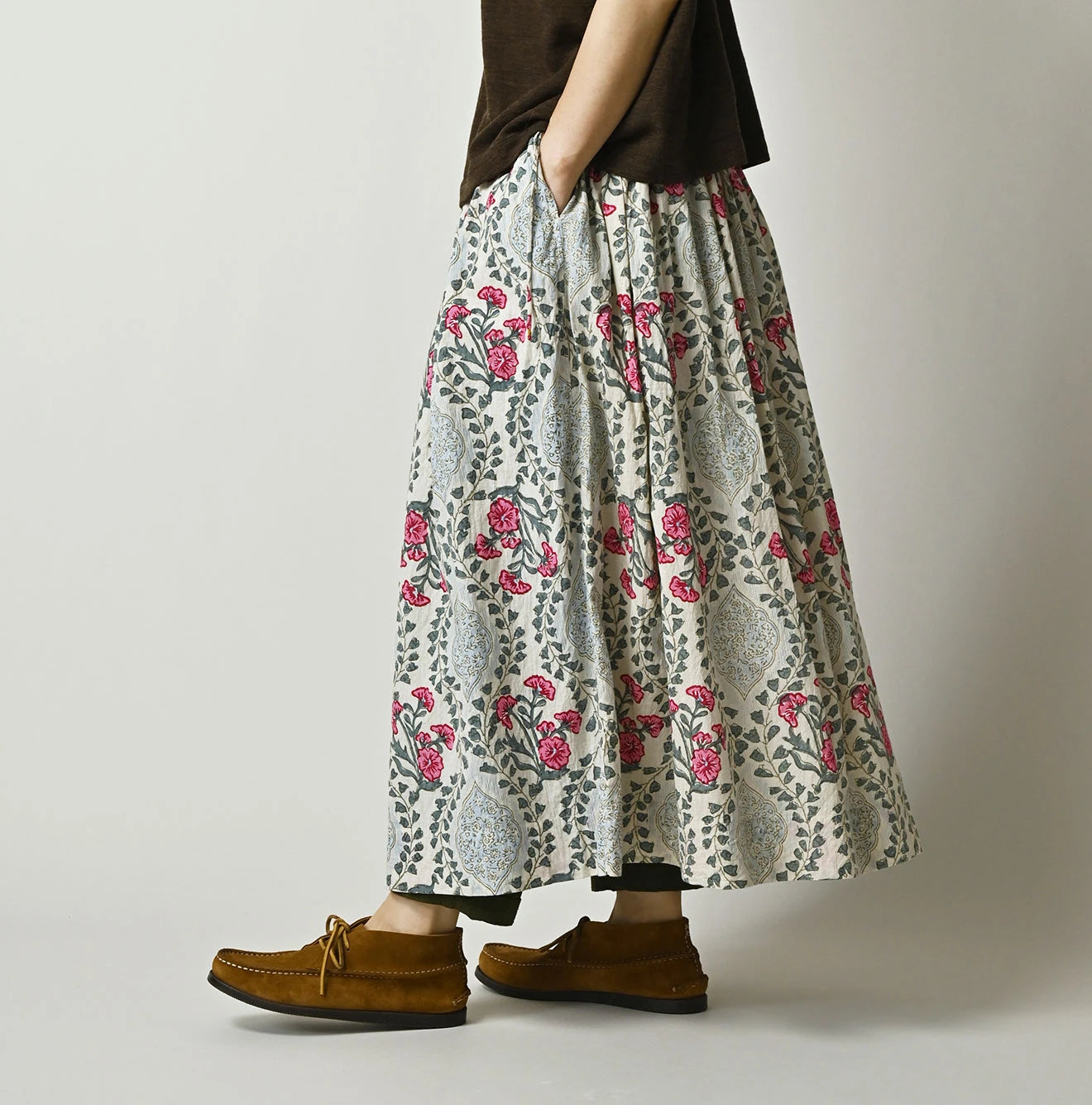 Indian Khadi Saffron Block Print Easy Gathered Skirt