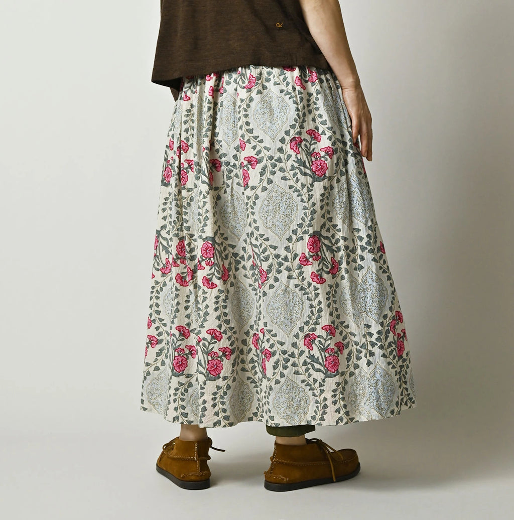 Indian Khadi Saffron Block Print Easy Gathered Skirt