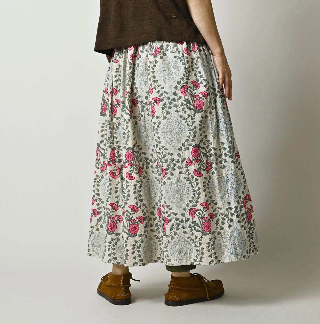 Indian Khadi Saffron Block Print Easy Gathered Skirt