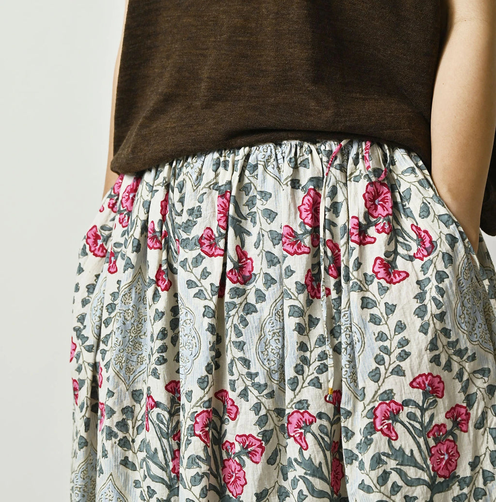 Indian Khadi Saffron Block Print Easy Gathered Skirt