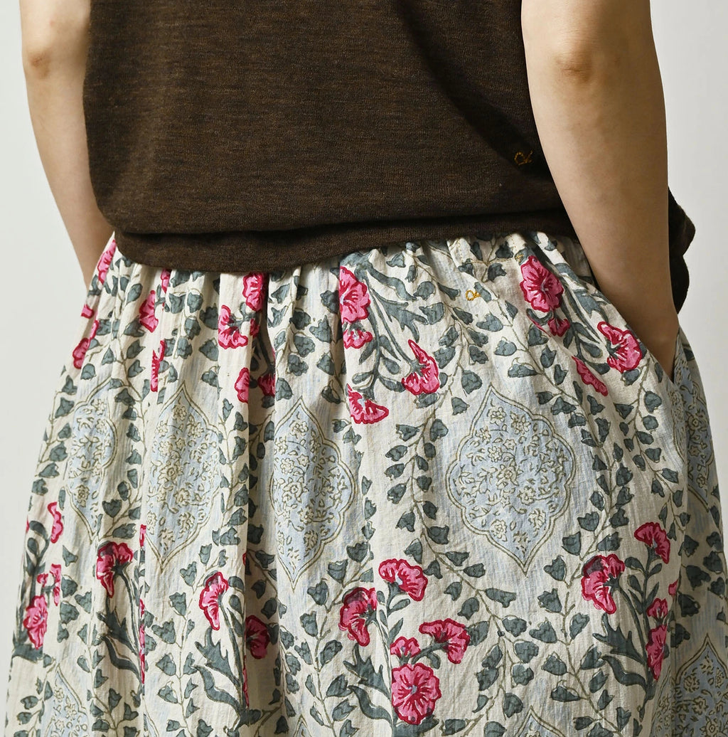 Indian Khadi Saffron Block Print Easy Gathered Skirt
