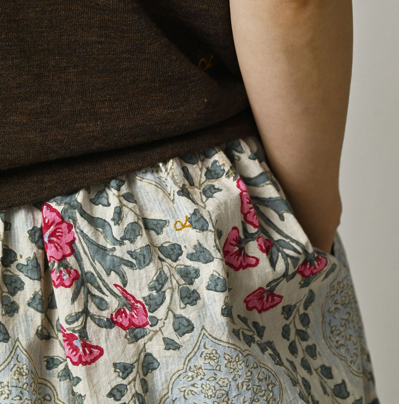 Indian Khadi Saffron Block Print Easy Gathered Skirt