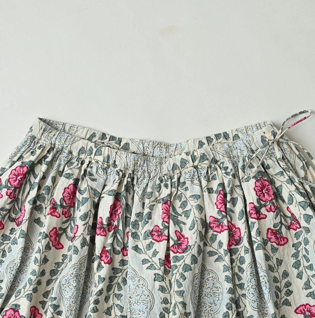Indian Khadi Saffron Block Print Easy Gathered Skirt