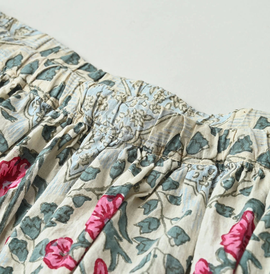 Indian Khadi Saffron Block Print Easy Gathered Skirt
