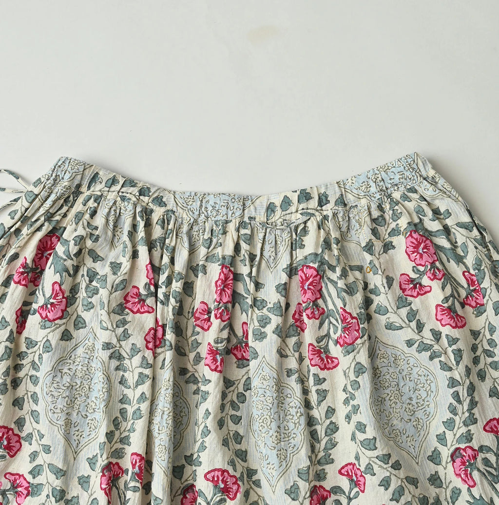 Indian Khadi Saffron Block Print Easy Gathered Skirt