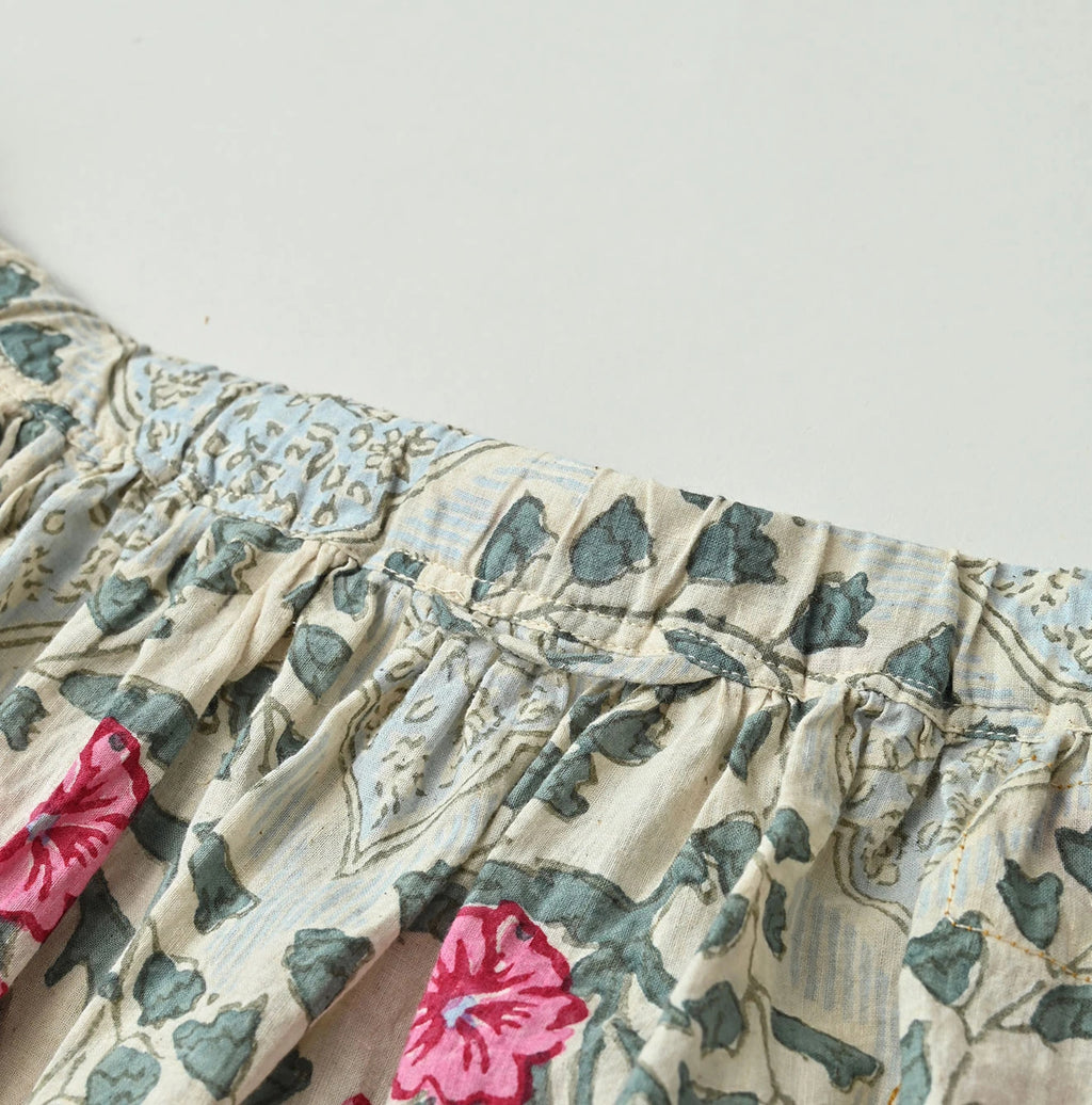 Indian Khadi Saffron Block Print Easy Gathered Skirt