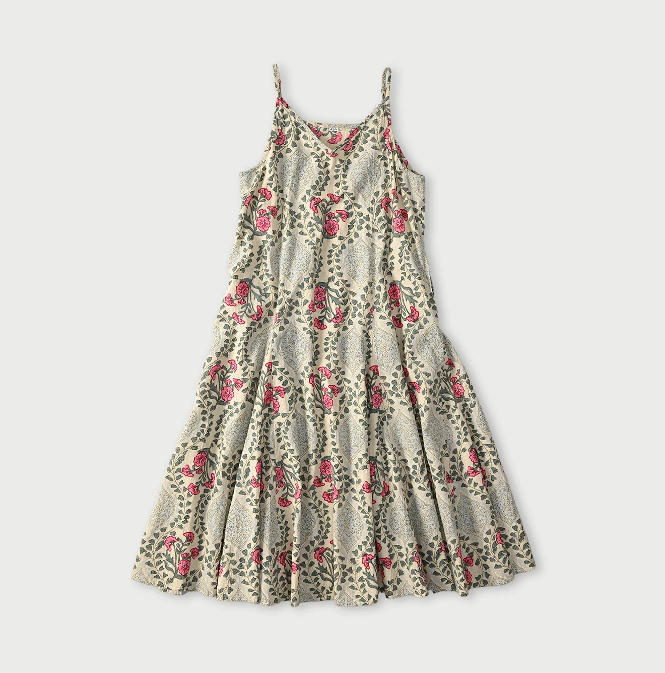Indian Khadi Saffron Block Print Umbrella Camisole Dress