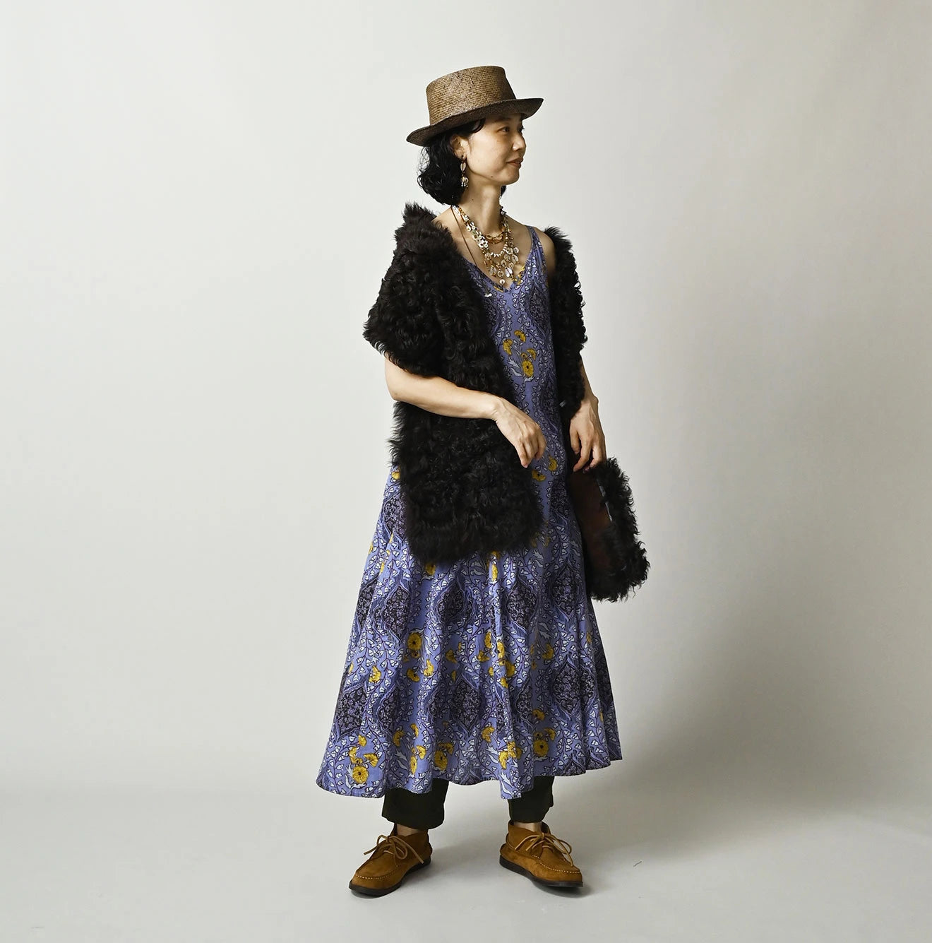 Indian Khadi Saffron Block Print Umbrella Camisole Dress
