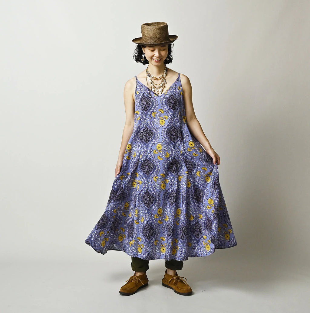 Indian Khadi Saffron Block Print Umbrella Camisole Dress