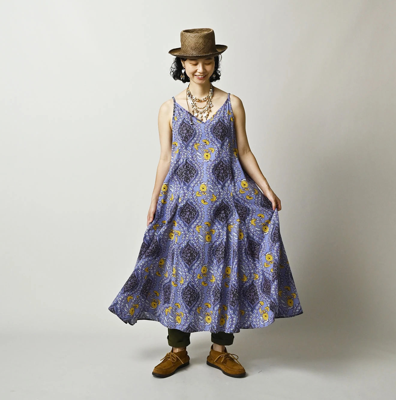Indian Khadi Saffron Block Print Umbrella Camisole Dress
