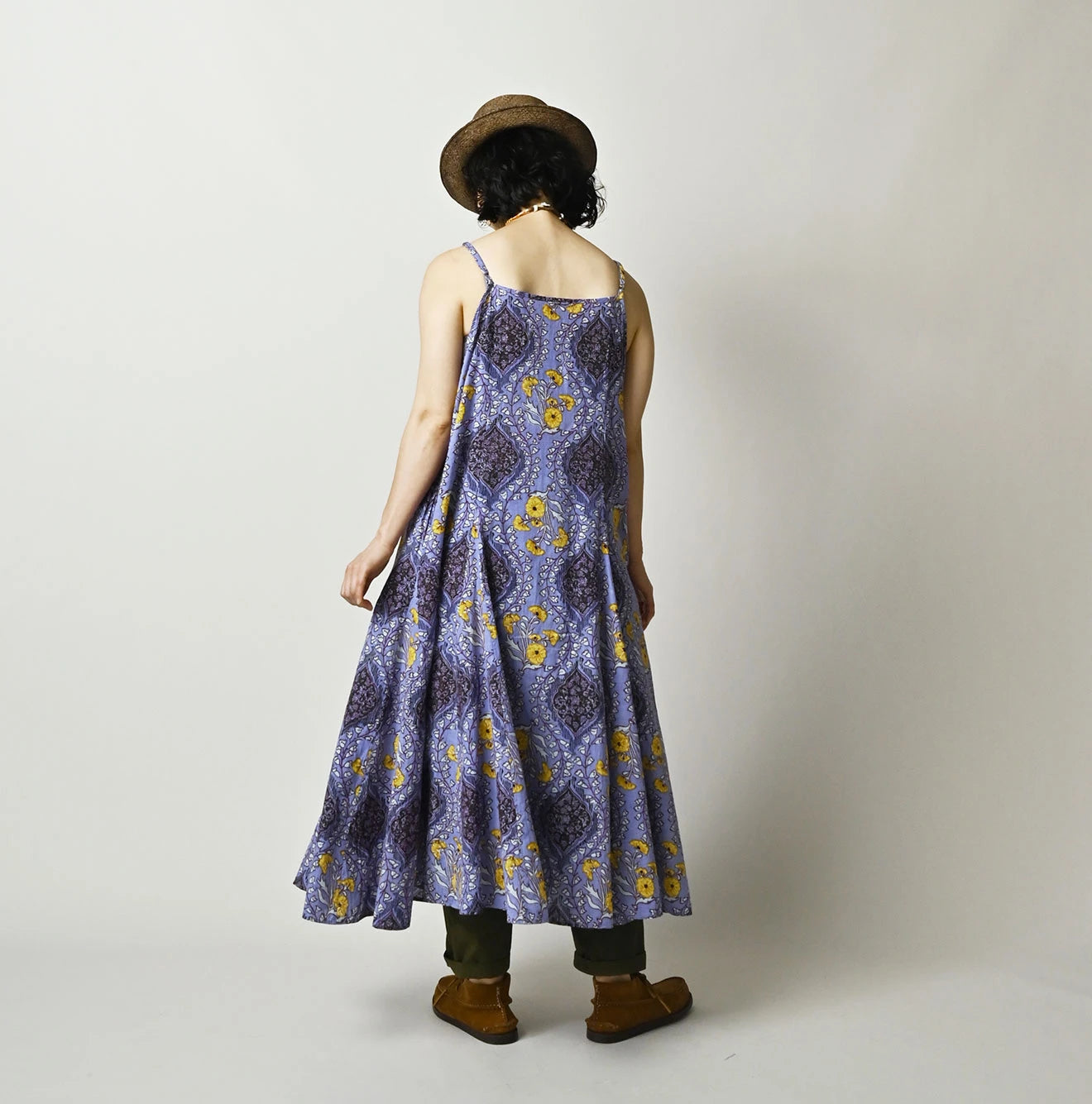 Indian Khadi Saffron Block Print Umbrella Camisole Dress