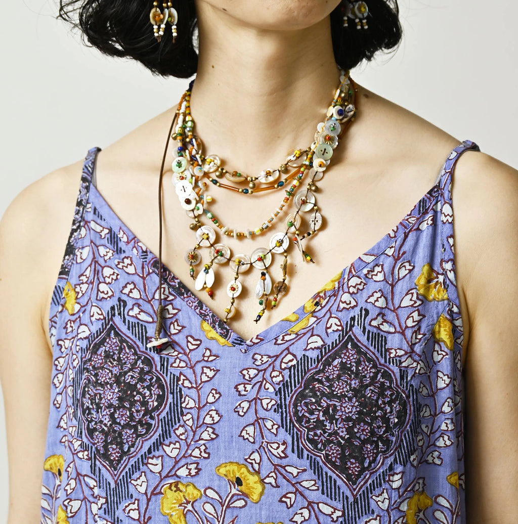 Indian Khadi Saffron Block Print Umbrella Camisole Dress