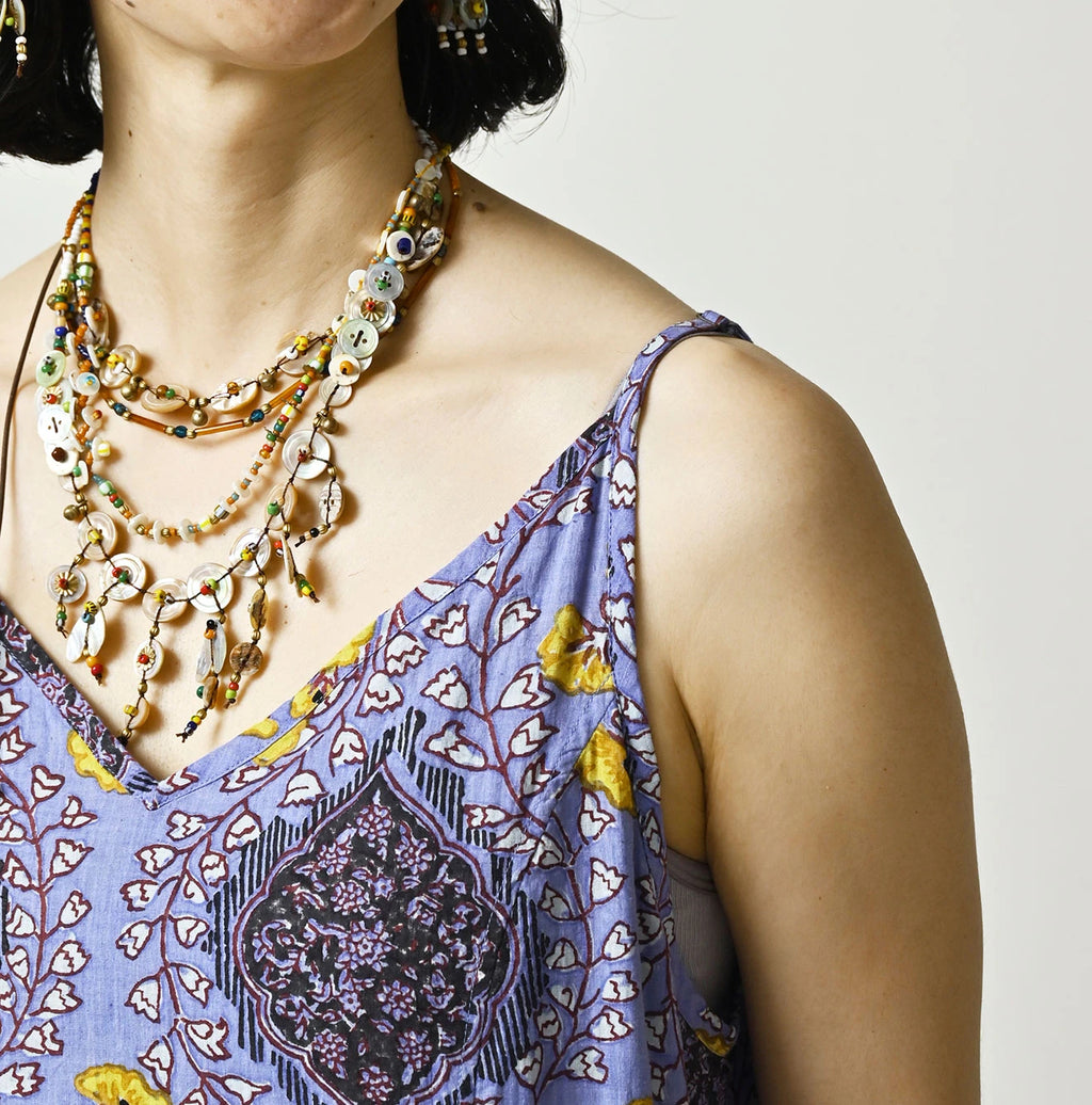Indian Khadi Saffron Block Print Umbrella Camisole Dress
