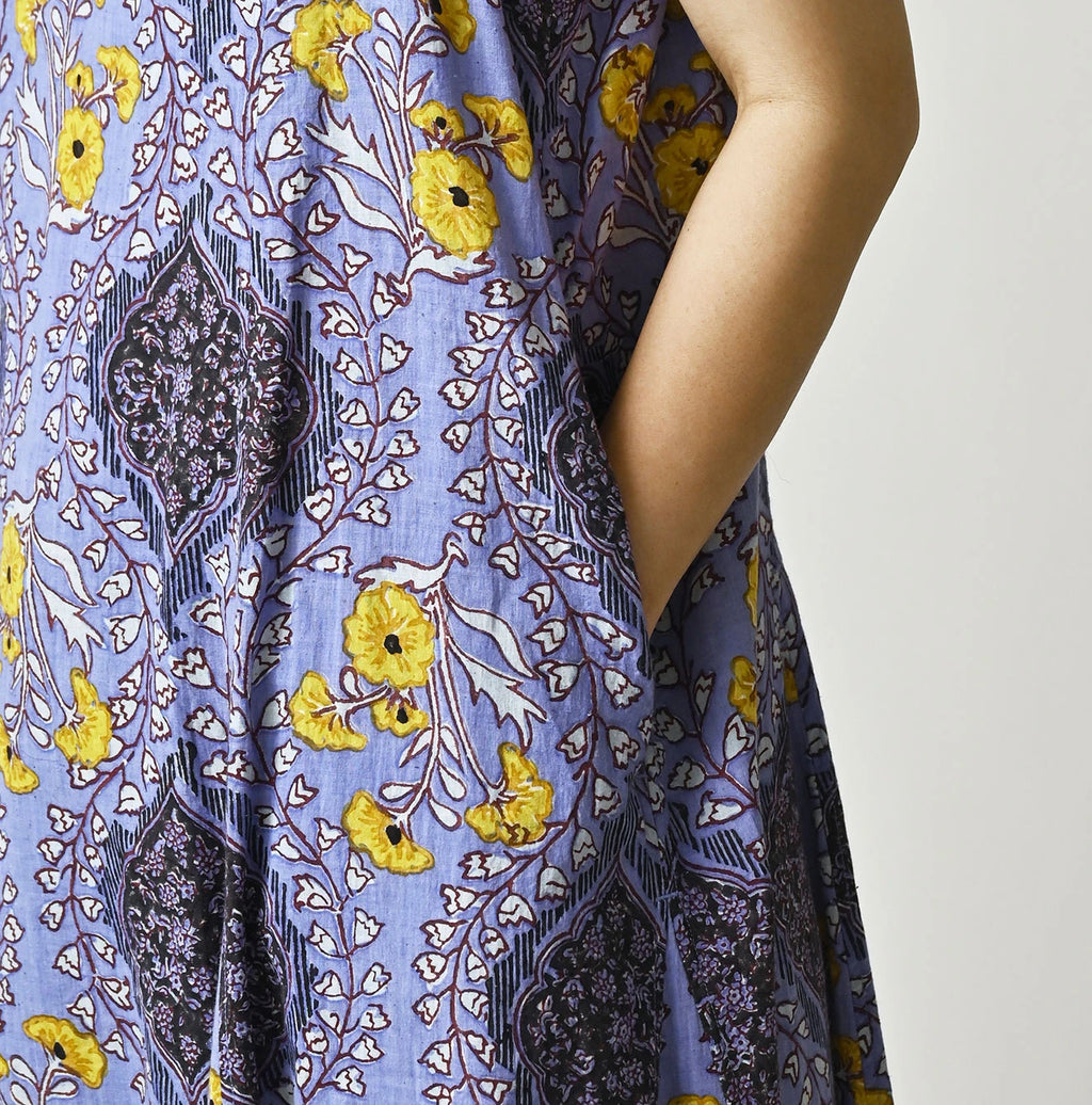 Indian Khadi Saffron Block Print Umbrella Camisole Dress