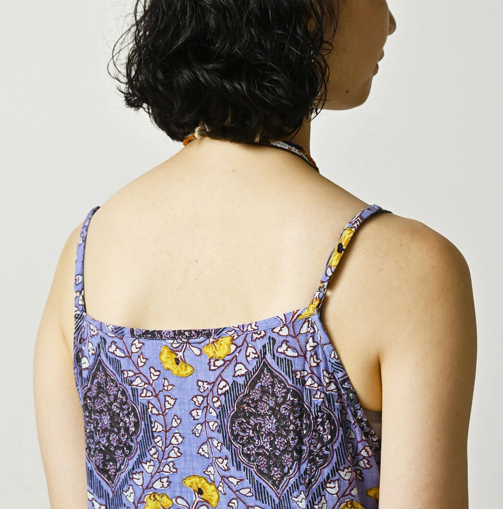 Indian Khadi Saffron Block Print Umbrella Camisole Dress