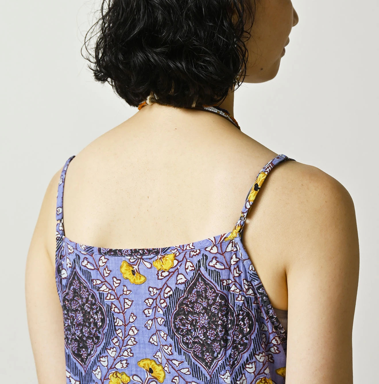 Indian Khadi Saffron Block Print Umbrella Camisole Dress