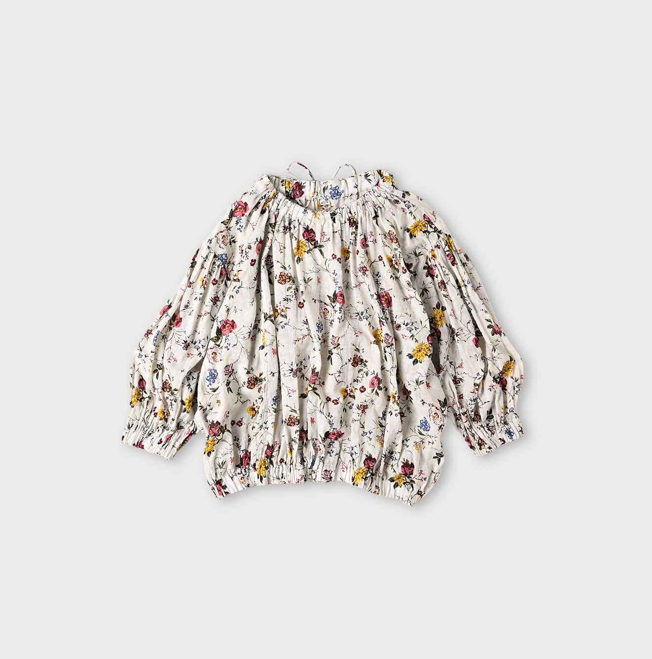 45 Gauze Antique Flower Print Shirring Blouse Ice Beige
