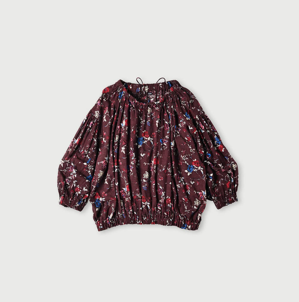 45 Gauze Antique Flower Print Shirring Blouse Enji