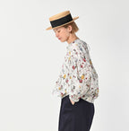 45 Gauze Antique Flower Print Shirring Blouse Female Model