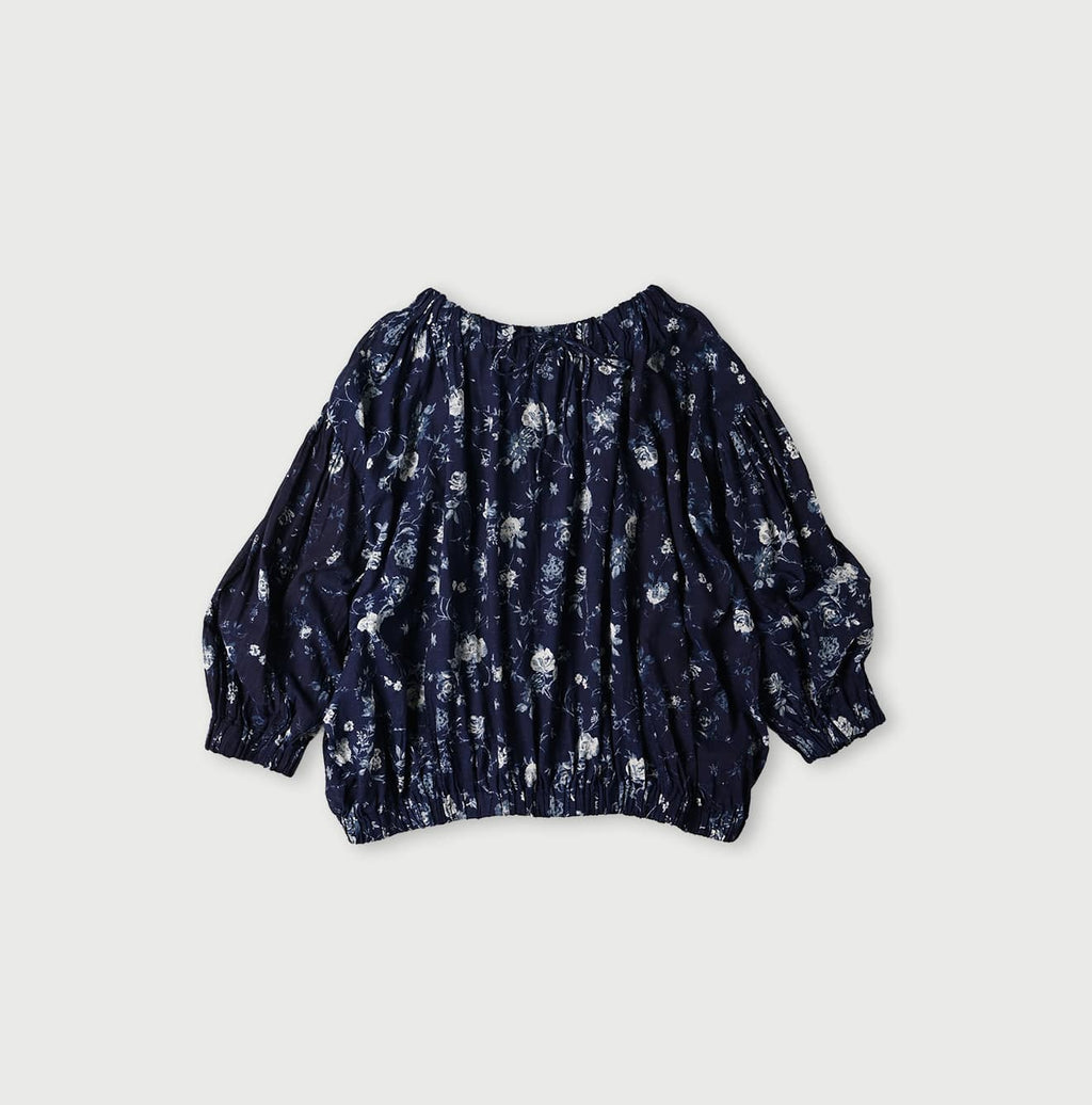 Indigo 45 Gauze Antique Flower Print Shirring Blouse