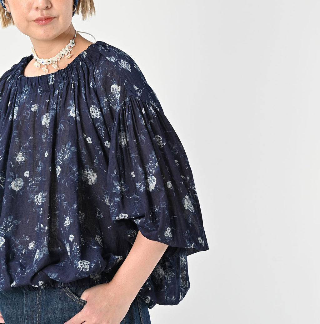 Indigo 45 Gauze Antique Flower Print Shirring Blouse Detail