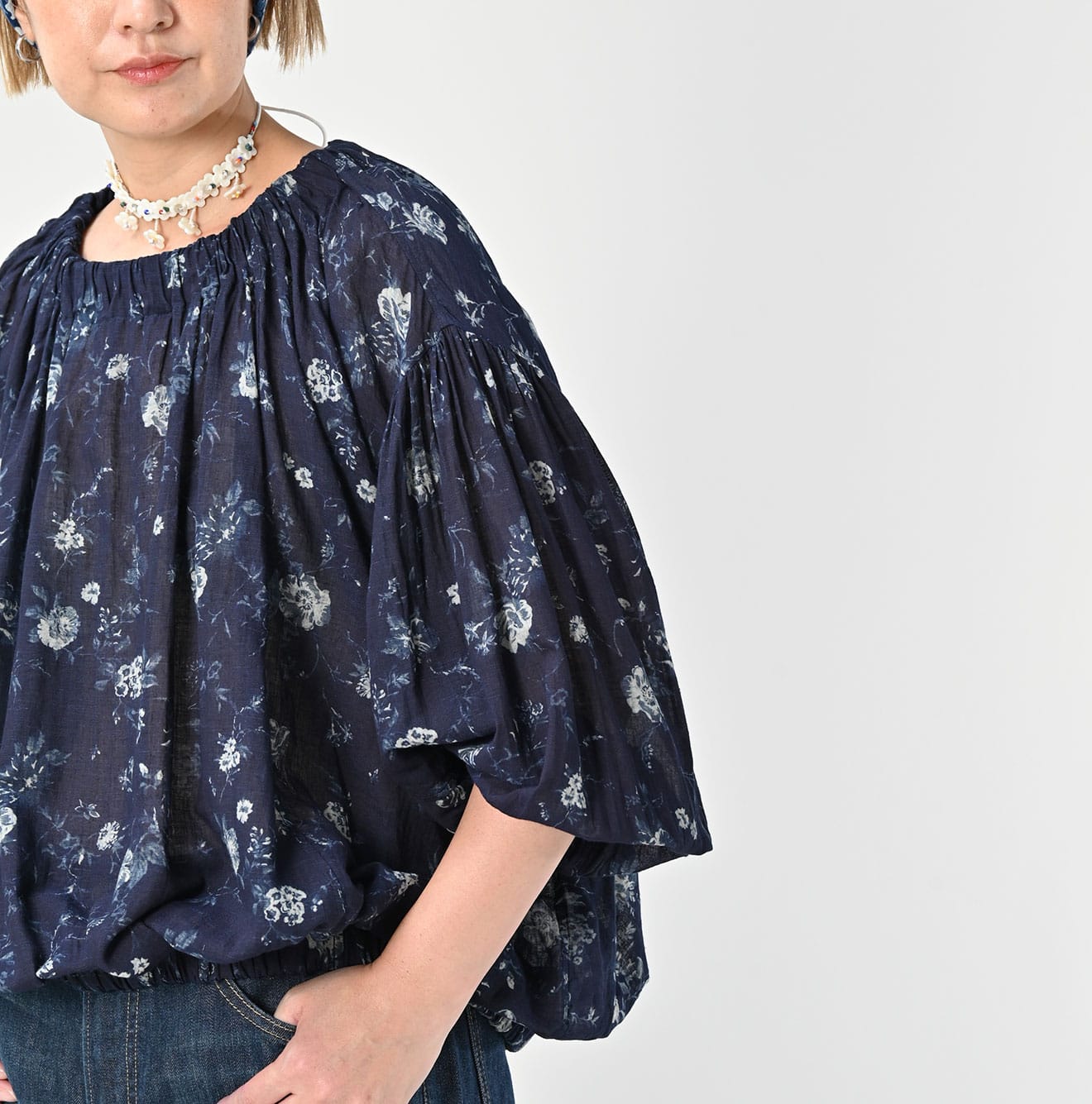 Indigo 45 Gauze Antique Flower Print Shirring Blouse Detail