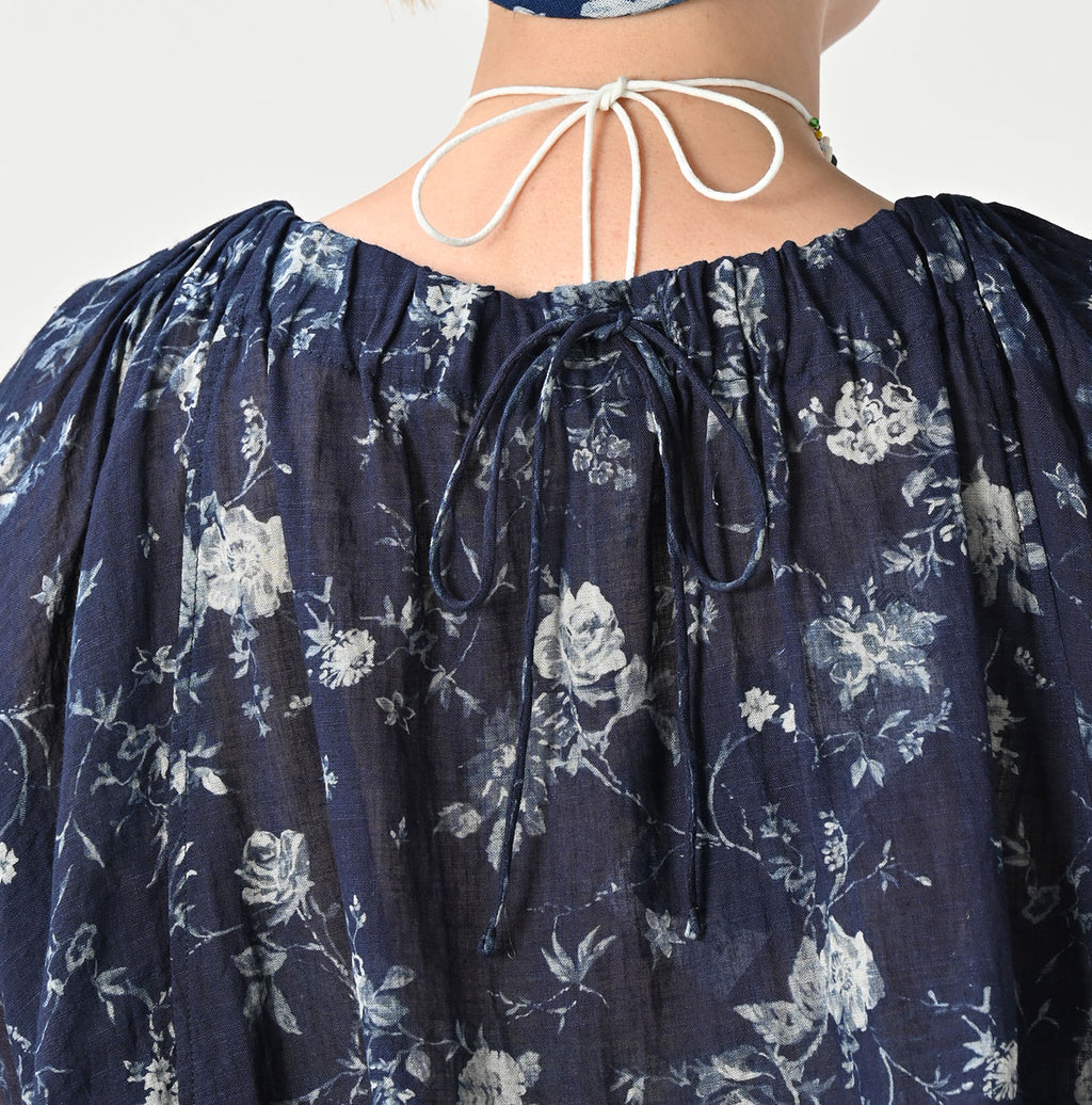 Indigo 45 Gauze Antique Flower Print Shirring Blouse Detail