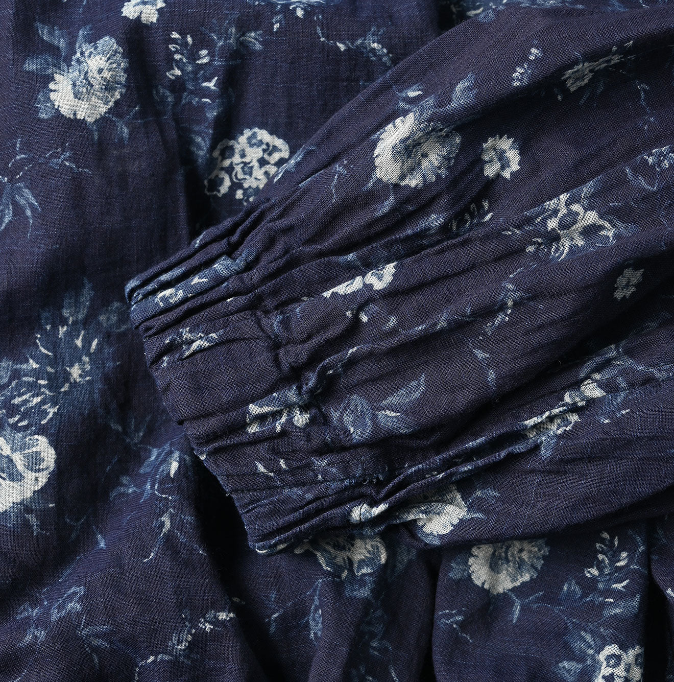Indigo 45 Gauze Antique Flower Print Shirring Blouse Detail