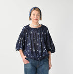 Indigo 45 Gauze Antique Flower Print Shirring Blouse Female Model