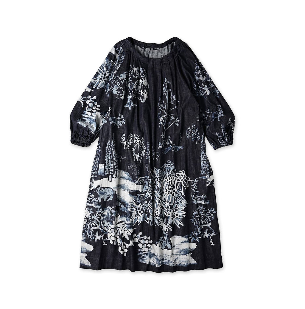 Indigo Wonderland Print Tuck Dress