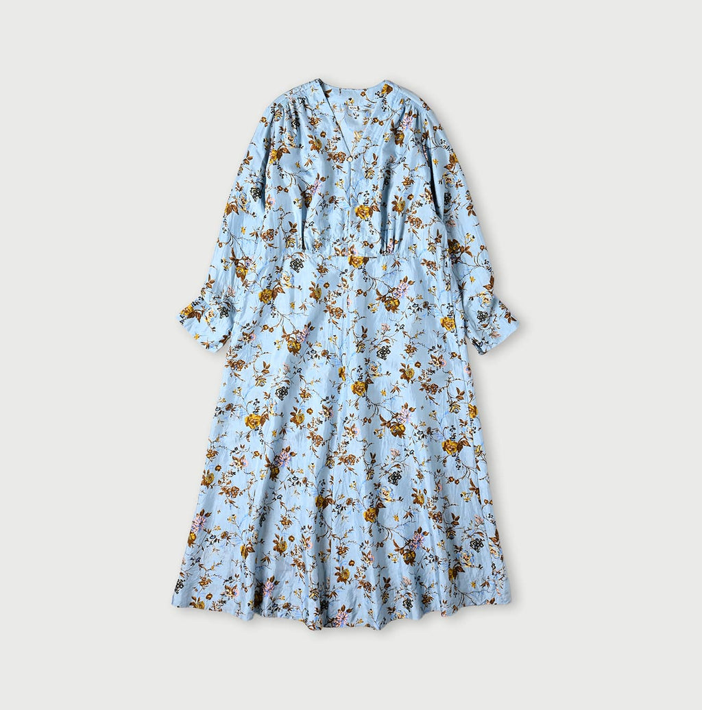 Silk Antique Flower Print Dress Saxe