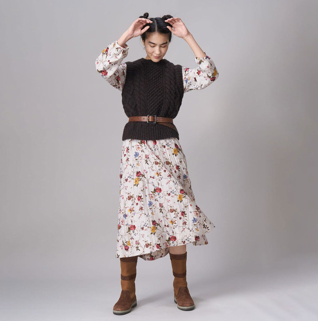 Silk Antique Flower Print Dress Female Model