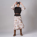 Silk Antique Flower Print Dress Female Model