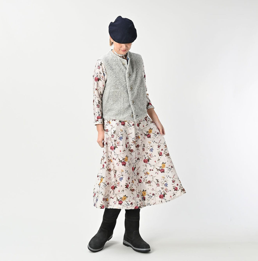 Silk Antique Flower Print Dress Female Model