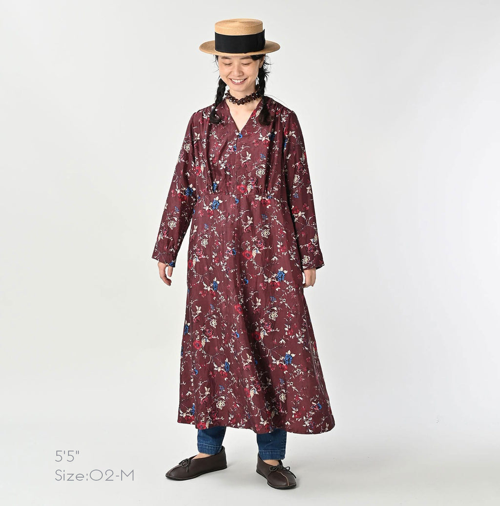 Silk Antique Flower Print Dress Female Model