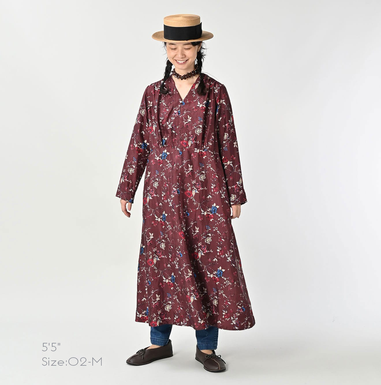 Silk Antique Flower Print Dress Female Model
