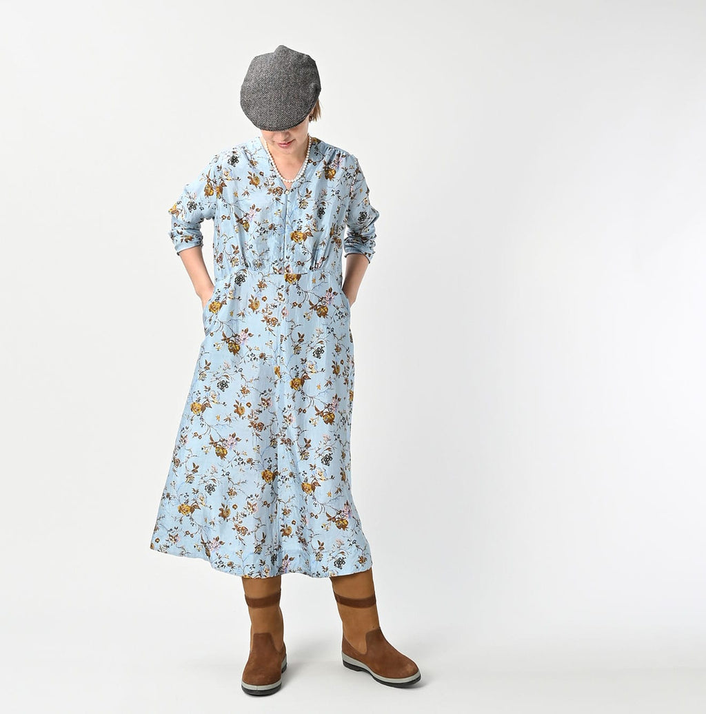 Silk Antique Flower Print Dress Female Model