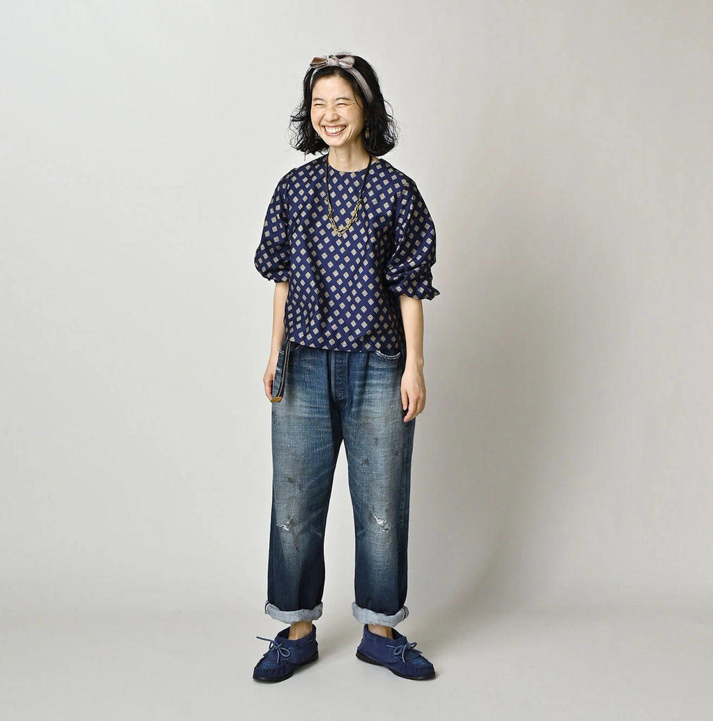 Square Komon Print Puff Blouse
