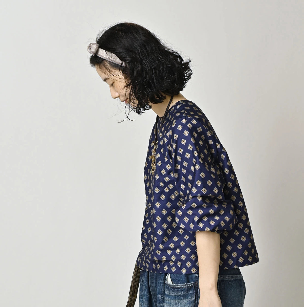 Square Komon Print Puff Blouse