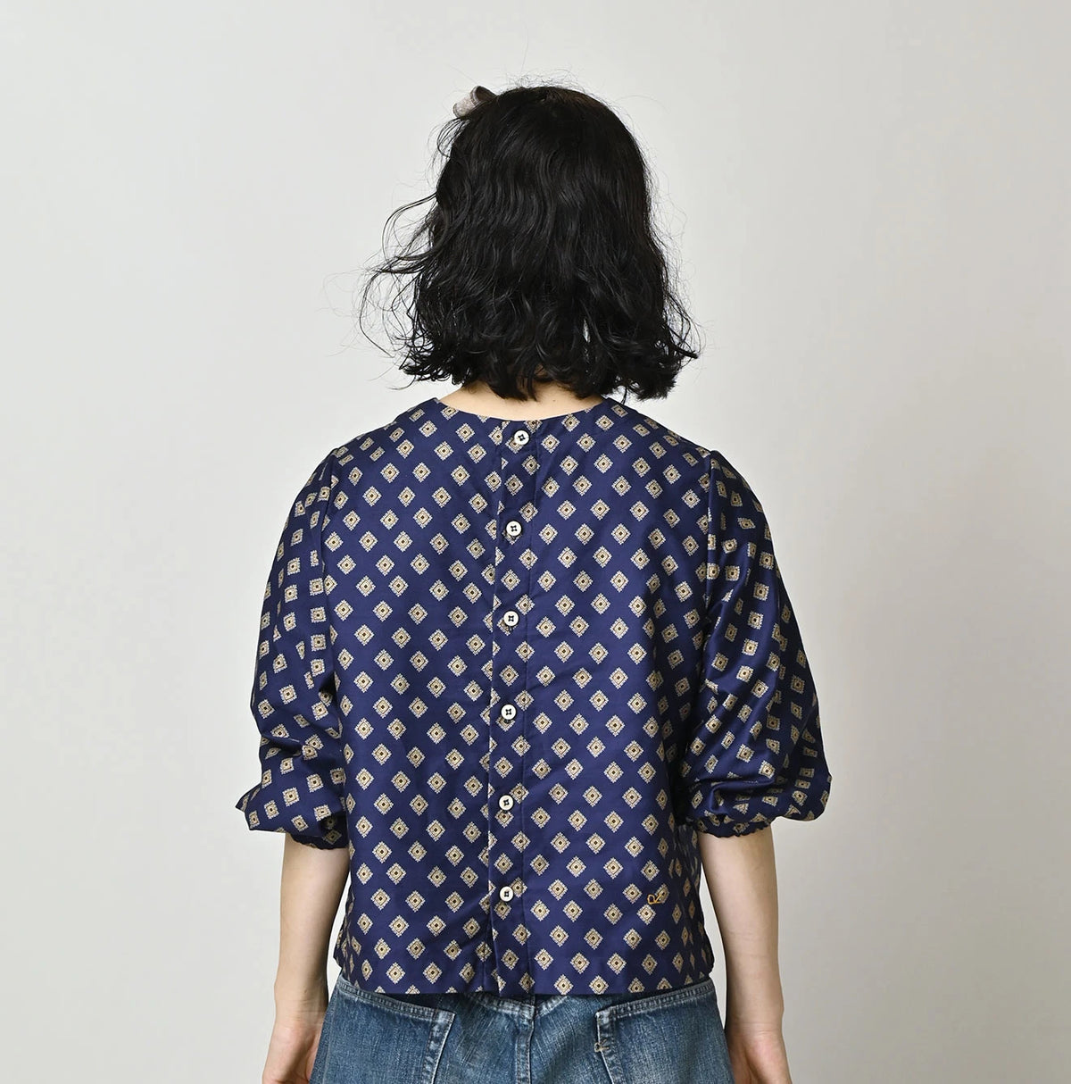 Square Komon Print Puff Blouse