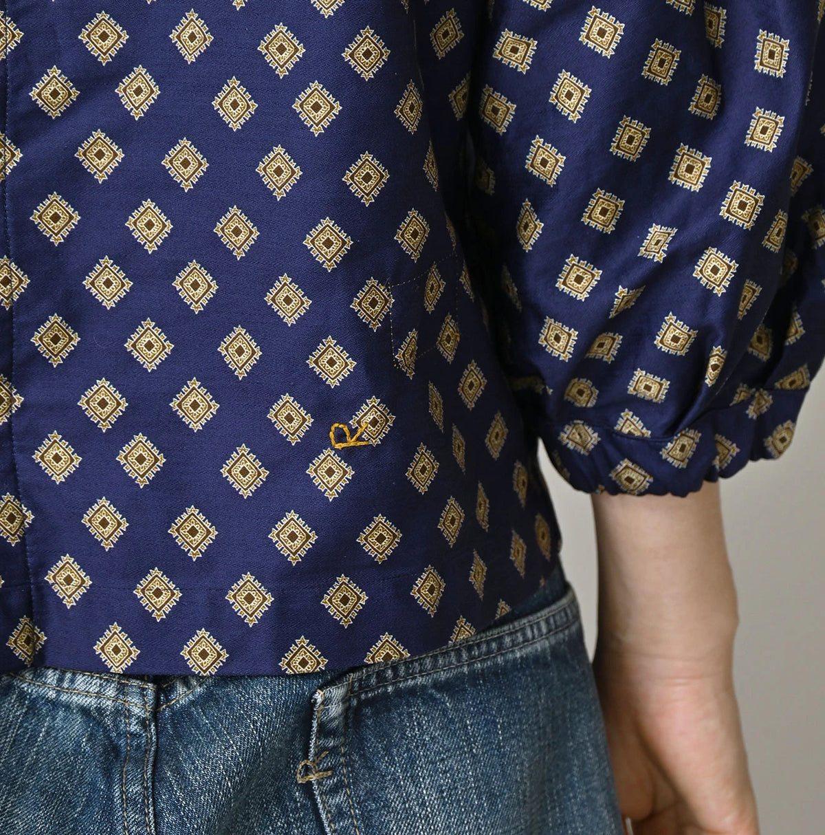 Square Komon Print Puff Blouse