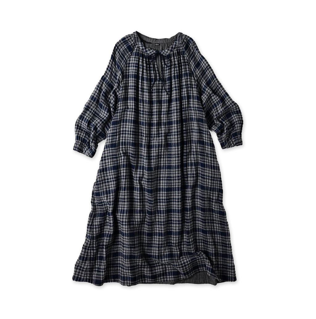 Indigo FuwaFuwa Double Woven Shirring Dress Tartan Check