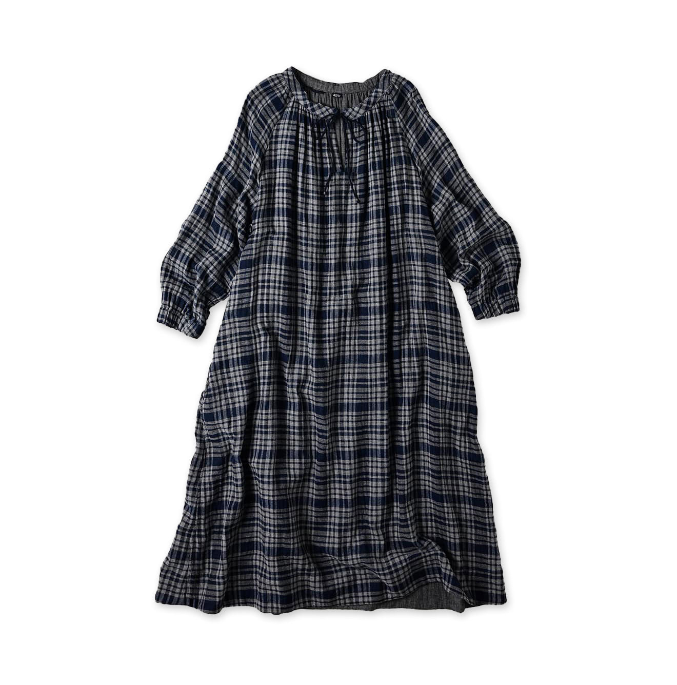 Indigo FuwaFuwa Double Woven Shirring Dress Tartan Check